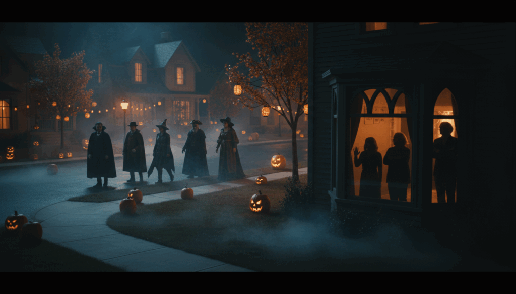 Des personnes déguisées marchent dans une rue d’Halloween ; derrière la fenêtre d’une maison sombre, des visages fermés les observent, partagés entre peur et envie.