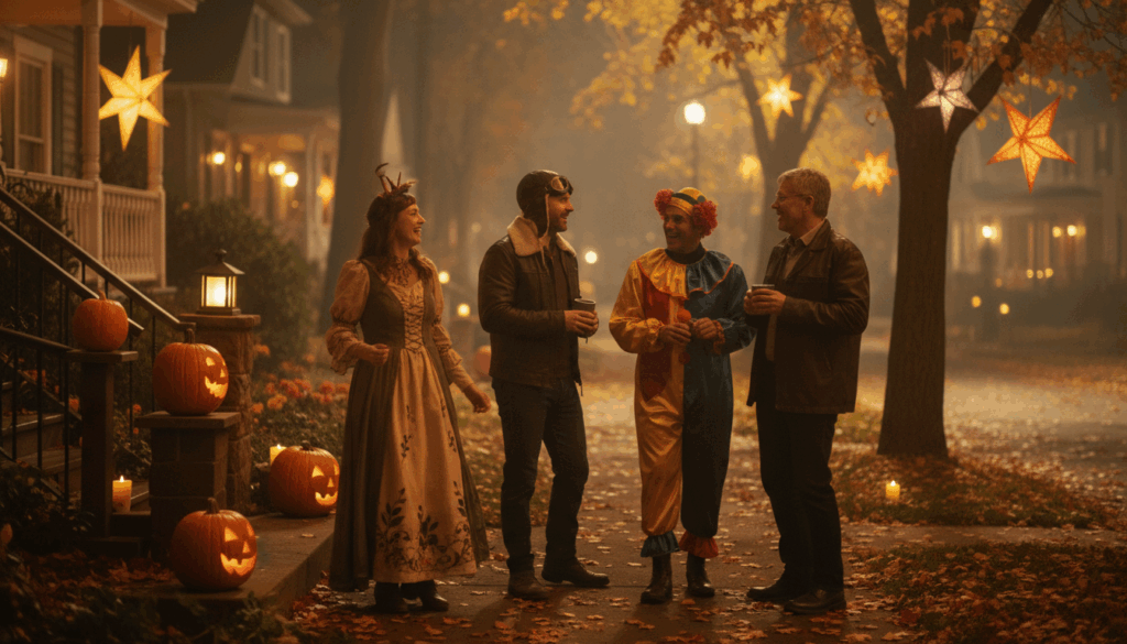 Rue résidentielle éclairée par des lanternes et des citrouilles ; des personnes costumées discutent et rient dans une ambiance chaleureuse et conviviale.